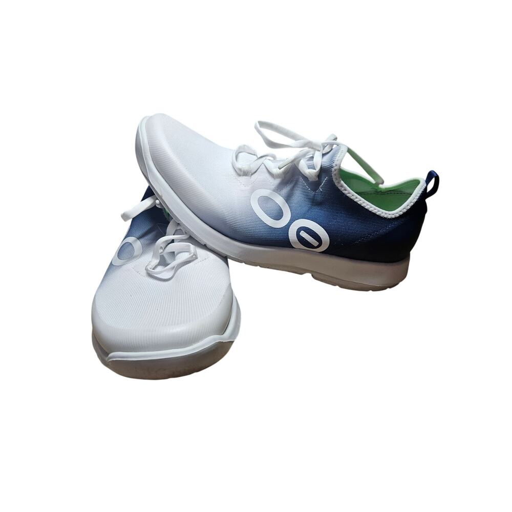 OOFOS OOmg Low Mens Size 10.5 White Blue Athletic Walking Slip-On Shoes Sneakers